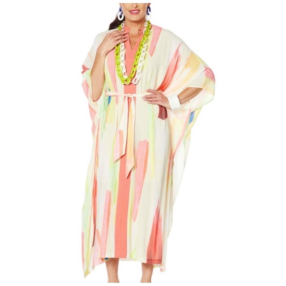 NWT Iris Apfel RARA AVIS Printed Caftan Pullover Resortwear Dress Tie Waist Sz M